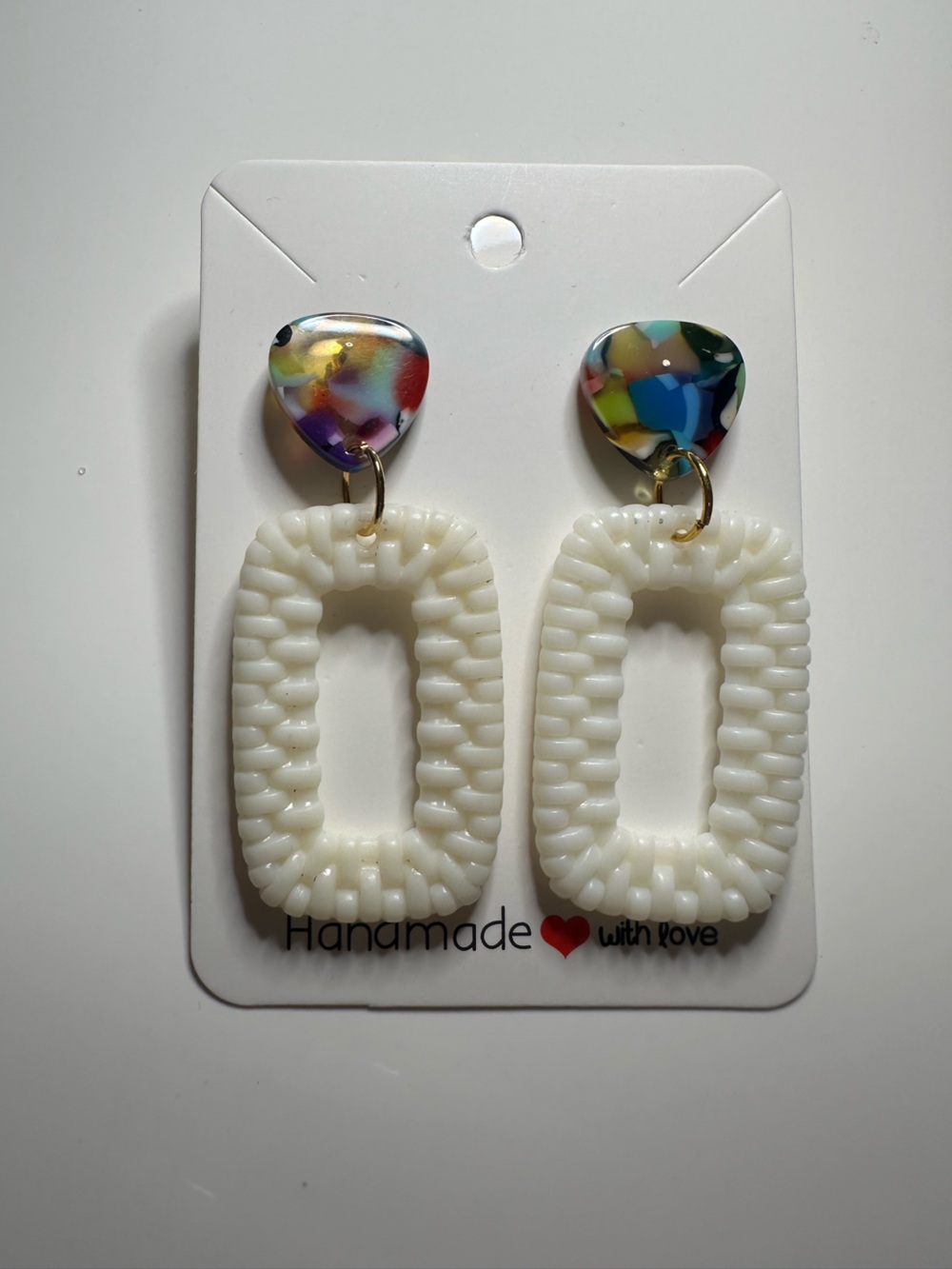 Handmade White Rectangle Drop Earrings with Multicolor Studs